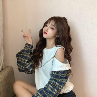 Cold-shoulder Plaid Panel Pullover
