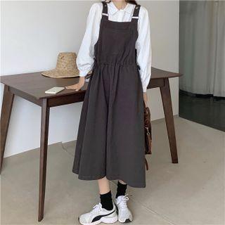 Puff-sleeve Plain Shirt / Drawstring Midi Overall Dress