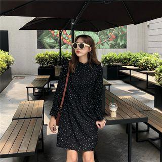 Long-sleeve Dotted Mini A-line Dress Dotted - Black - One Size