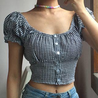 Short-sleeve Frill Trim Gingham Buttoned Top