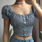 Short-sleeve Frill Trim Gingham Buttoned Top