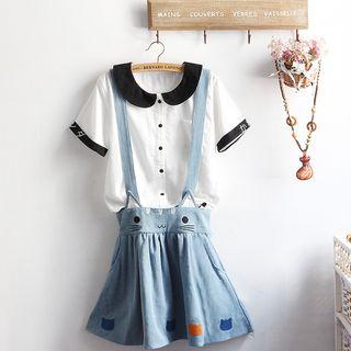 Peter Pan Collar Embroidered Short-sleeve Shirt / Embroidered Cat Suspender Skirt / Set: Peter Pan Collar Embroidered Short-sleeve Shirt + Embroidered Cat Suspender Skirt
