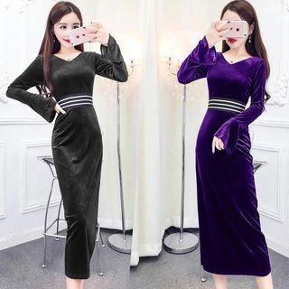 Striped Long Sleeve Midi Velvet Dress