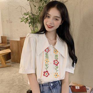 Puff-sleeve Flower Print Shirt White - One Size
