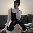 Puff-sleeve Ruffled Blouse / Overall Dress / Pleated Skirt