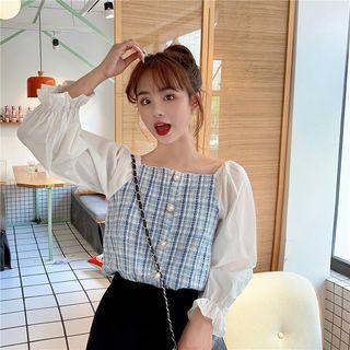 Plaid Panel Square-neck Blouse