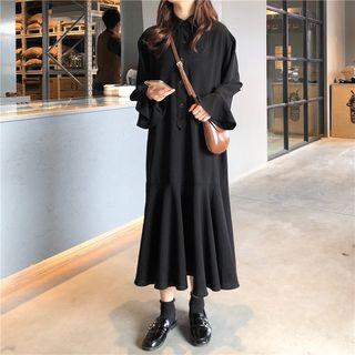 Flared-sleeve Midi Collared Dress Black - One Size