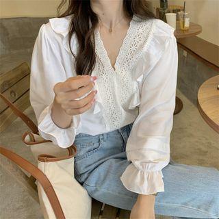 V-neck Lace Panel Ruffled Blouse White - One Size