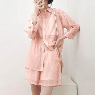 Plain Oversize Shirt / High-waist Plain Wide Leg Shorts