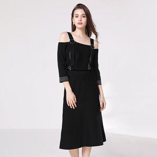 Set: 3/4-sleeve Cold Shoulder Top + Midi Skirt Black - One Size
