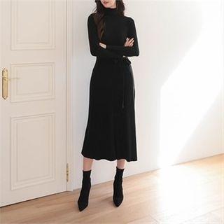 Turtle-neck Tie-waist Flared Knit Dress