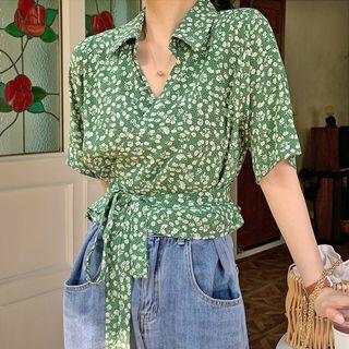 Elbow-sleeve Floral Wrap Shirt