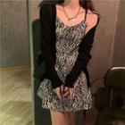 Spaghetti-strap Zebra Print Mini A-line Dress / Cardigan