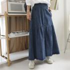 Band-waist Fray-hem Denim Long Skirt