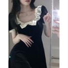 Puff-sleeve Square-neck Lace Trim Bow Accent Dress