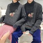 Couple Matching Mock Neck Bulldog Embroidered Sweater