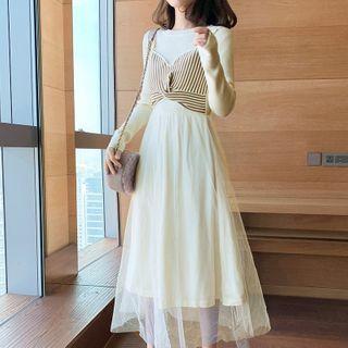 Long-sleeve Mock Two-piece Knit Midi A-line Dress