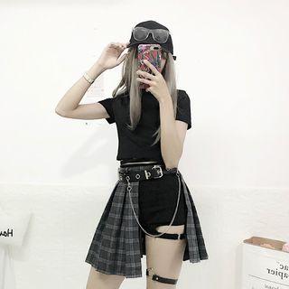 Short-sleeve Crop Top / Cut Out Plaid Mini Skirt / Cut Out Shorts / Belt