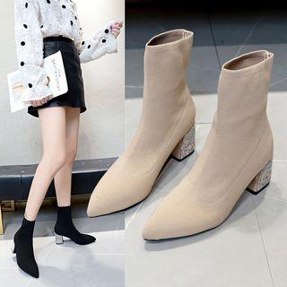 Knit Rhinestone Block Heel Short Boots