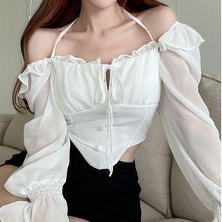 Off-shoulder Ruffled Plain Blouse White - One Size