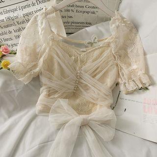 Mesh-overlay Crop Lace Top