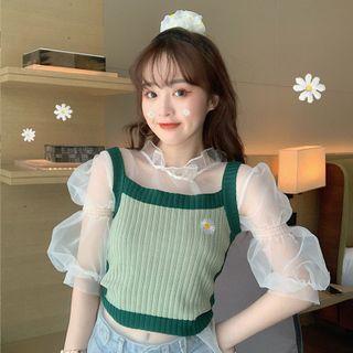 Spaghetti Strap Floral Embroidered Knit Top / Long-sleeve Mesh T-shirt