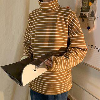 Mock Turtleneck Long-sleeve Striped T-shirt