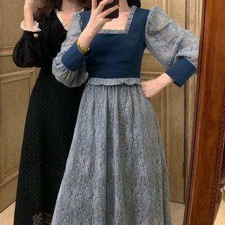Square Neck Contrast Trim Lace Midi Dress