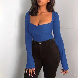 Long Sleeve Square Neck Plain Top