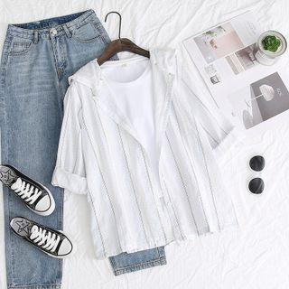 Elbow-sleeve Hooded Striped Shirt White - One Size