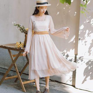 Square-neck Flower Embroidered Long-sleeve Midi A-line Dress