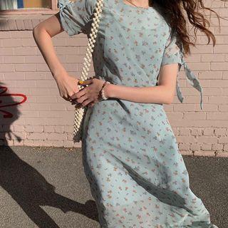 Floral Print Short-sleeve Chiffon Dress Aqua Blue - One Size