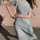 Floral Print Short-sleeve Chiffon Dress Aqua Blue - One Size