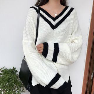 Chunky Knit V-neck Sweater White - One Size