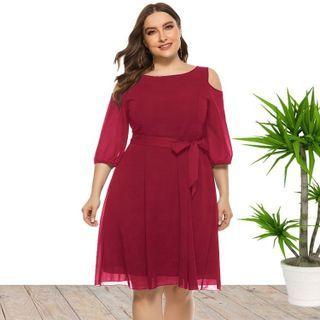 Plus Size Elbow Sleeve Off-shoulder Tie-waist A-line Dress