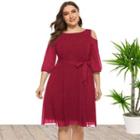 Plus Size Elbow Sleeve Off-shoulder Tie-waist A-line Dress