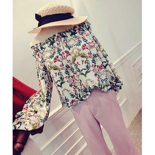Floral Print Off-shoulder Long-sleeve Top
