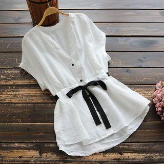 Short-sleeve Buttoned Tie-waist Top