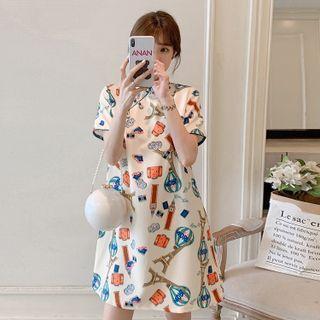 Mandarin Collar Print Mini A-line Dress