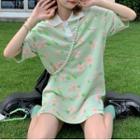 Short-sleeve Lapel Floral Dress Green - One Size