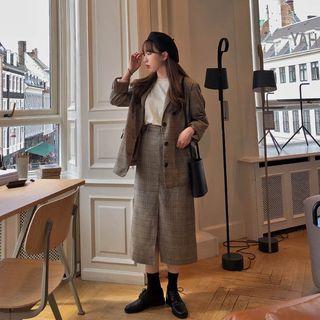 Set: Single-breasted Plaid Blazer + Plaid Midi Slit Skirt