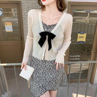Set: Spaghetti-strap Leopard Print Asymmetrical A-line Dress + Cardigan
