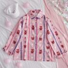 Bear Print Striped Shirt Bear - Pink & Red - One Size