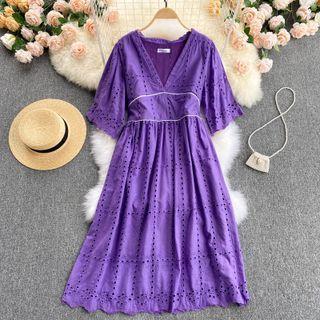 V-neck Embroidered Eyelet Midi A-line Dress Purple - One Size