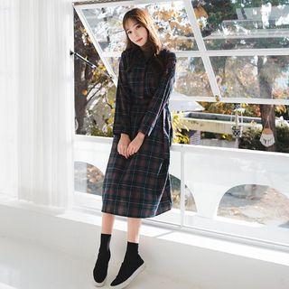 Half-placket Plaid A-line Dress With Sash