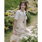 Short-sleeve Frill Trim Blouse / Embroidered Midi Overall Dress / Set