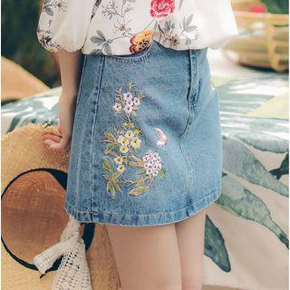 Floral Embroidered Washed A-line Denim Skirt