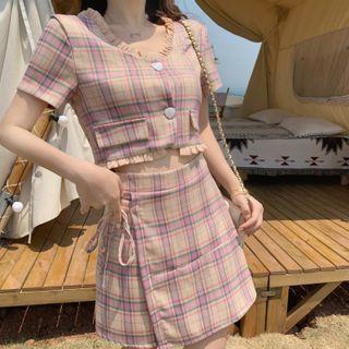 Short-sleeve Plaid Crop Top / Fitted Wrap Skirt
