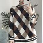 Contrast-trim Diamond Sweater Plaid - One Size