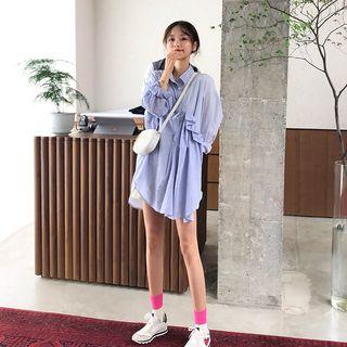 Ruffle Striped Long-sleeve Loose-fit Shirtdress